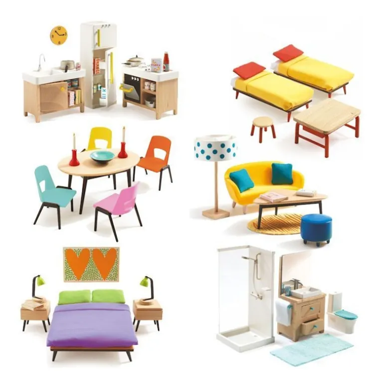 Maison de poupées meublée Color + poupées<Djeco Flash Sale