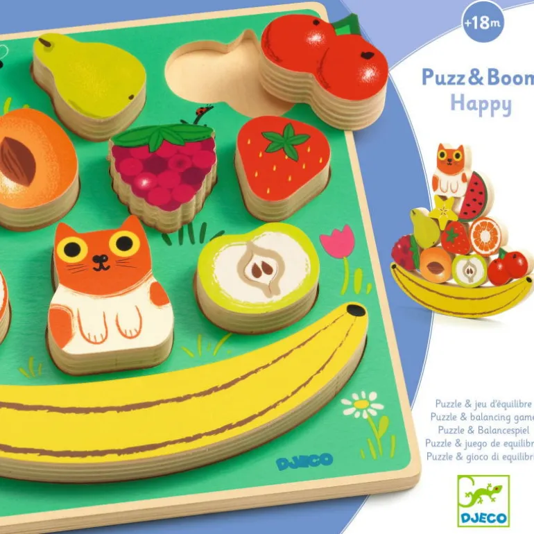 Puzzle d'encastrement et jeu d'équilibre "Puzz & Boom Happy" 1073<Djeco Hot