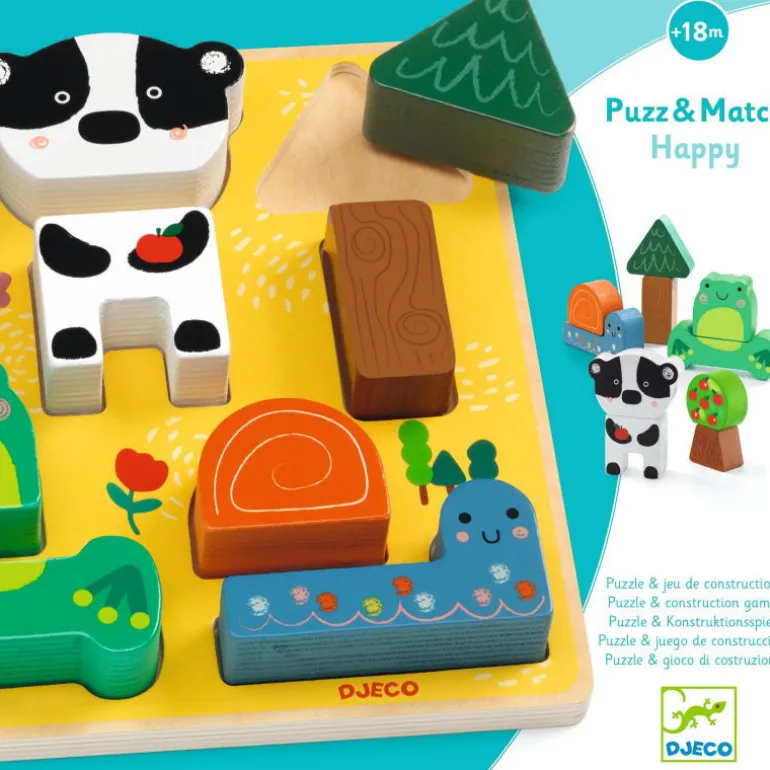 Puzzle d'encastrement et jeu de construction "Puzz & Match Happy" 1075<Djeco New